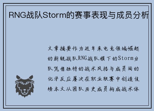 RNG战队Storm的赛事表现与成员分析