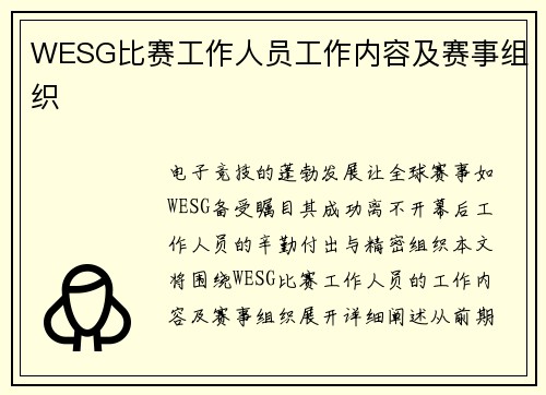 WESG比赛工作人员工作内容及赛事组织