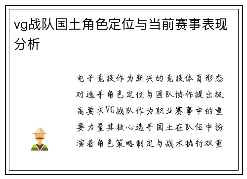 vg战队国土角色定位与当前赛事表现分析