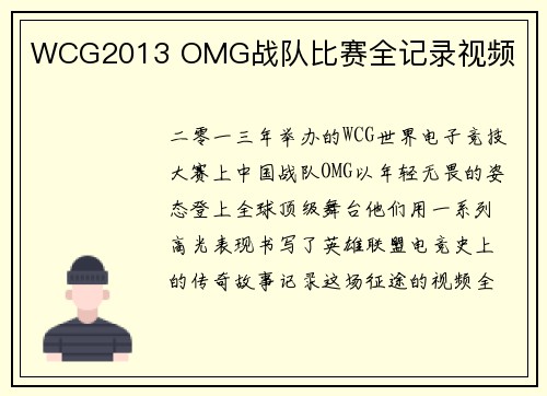 WCG2013 OMG战队比赛全记录视频